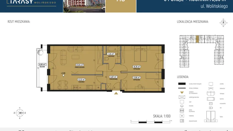 Rzut - Mieszkanie na sprzedaż 3 pokoje o powierzchni 75,99 m² - numer M03 w Diamentowe Tarasy