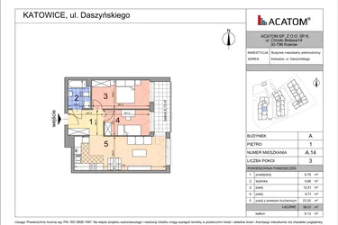 Rzut - Mieszkanie na sprzedaż 3 pokoje o powierzchni 56,03 m² - numer A14 w Daszyńskiego Park