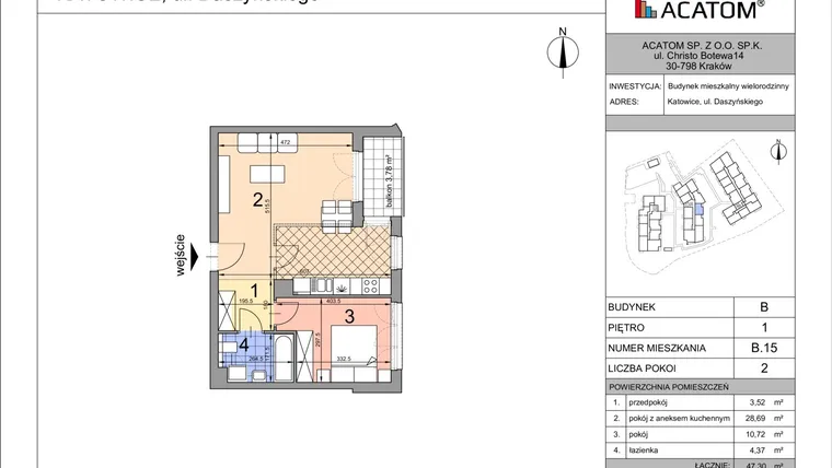 Rzut - Mieszkanie na sprzedaż 2 pokoje o powierzchni 47,2 m² - numer B15 w Daszyńskiego Park