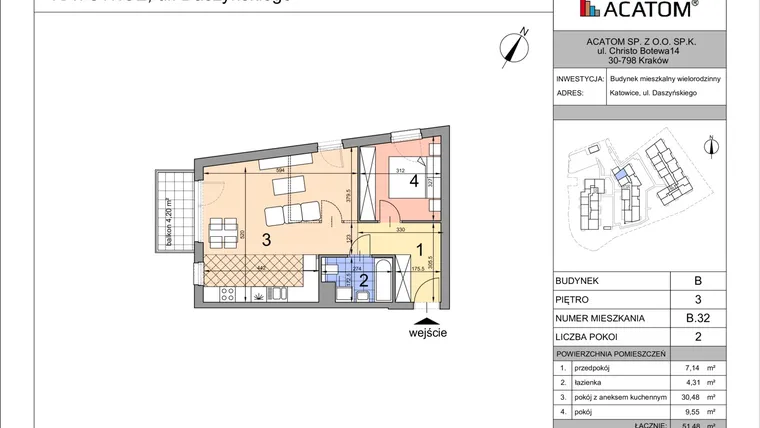Rzut - Mieszkanie na sprzedaż 2 pokoje o powierzchni 51,34 m² - numer B32 w Daszyńskiego Park