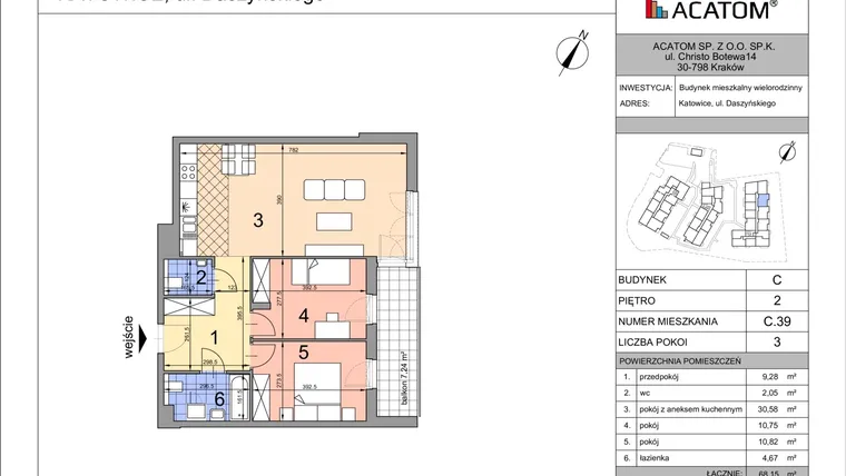 Rzut - Mieszkanie na sprzedaż 3 pokoje o powierzchni 68,12 m² - numer C39 w Daszyńskiego Park