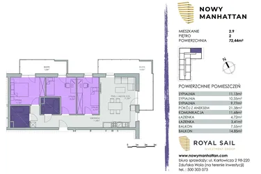 Rzut - Mieszkanie na sprzedaż 4 pokoje o powierzchni 72,37 m² - numer A.M.2.9 w Nowy Manhattan