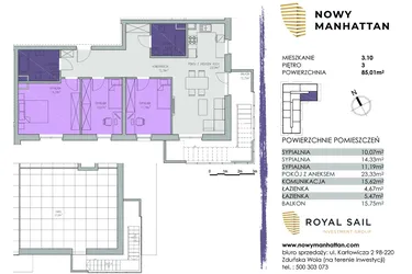 Rzut - Mieszkanie na sprzedaż 4 pokoje o powierzchni 84,65 m² - numer A.M.3.10 w Nowy Manhattan