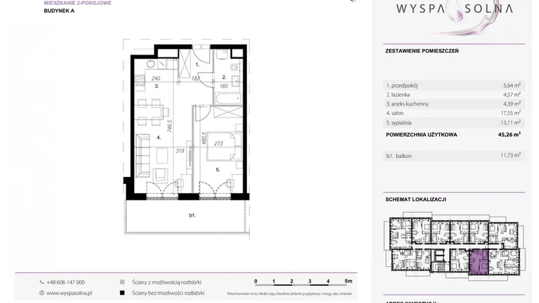 Rzut - Mieszkanie na sprzedaż 2 pokoje o powierzchni 45,26 m² - numer A2.10 w Wyspa Solna Etap III, budynek A