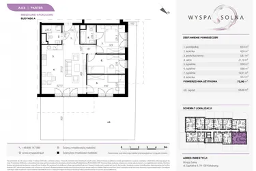Rzut - Mieszkanie na sprzedaż 4 pokoje o powierzchni 73,71 m² - numer A0.9 w Wyspa Solna Etap III, budynek A