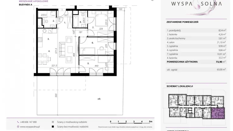 Rzut - Mieszkanie na sprzedaż 4 pokoje o powierzchni 73,71 m² - numer A0.9 w Wyspa Solna Etap III, budynek A