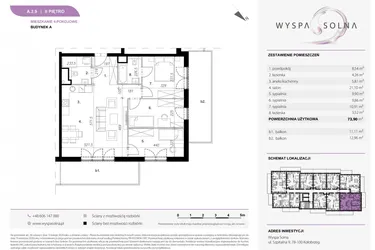 Rzut - Mieszkanie na sprzedaż 4 pokoje o powierzchni 73,71 m² - numer A2.9 w Wyspa Solna Etap III, budynek A
