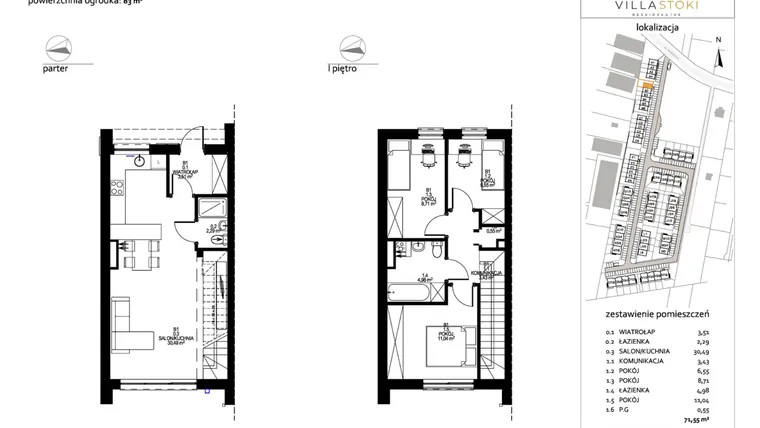 Rzut - Dom na sprzedaż 4 pokoje o powierzchni 71,55 m² - numer B1 w Villa Stoki (domy)