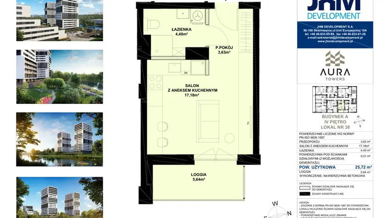 Rzut - Mieszkanie na sprzedaż 1 pokój o powierzchni 25,72 m² - numer A.4.38 w Aura Towers