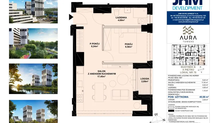 Rzut - Mieszkanie na sprzedaż 2 pokoje o powierzchni 40,81 m² - numer B.10.78 w Aura Towers