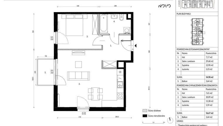 Rzut - Mieszkanie na sprzedaż 2 pokoje o powierzchni 56,67 m² - numer B1.90 w Osiedle Novo II
