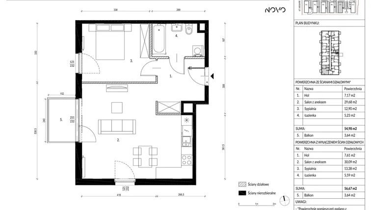 Rzut - Mieszkanie na sprzedaż 2 pokoje o powierzchni 56,67 m² - numer C1.148 w Osiedle Novo II