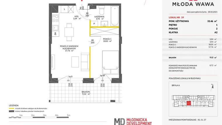Rzut - Mieszkanie na sprzedaż 2 pokoje o powierzchni 33,46 m² - numer 39 w Młoda Wawa