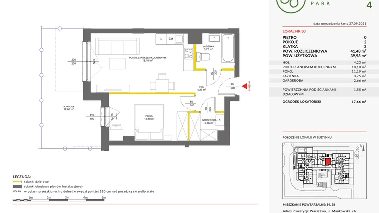 Rzut - Mieszkanie na sprzedaż 2 pokoje o powierzchni 41,48 m² - numer IV.30 w Olchowy Park IV