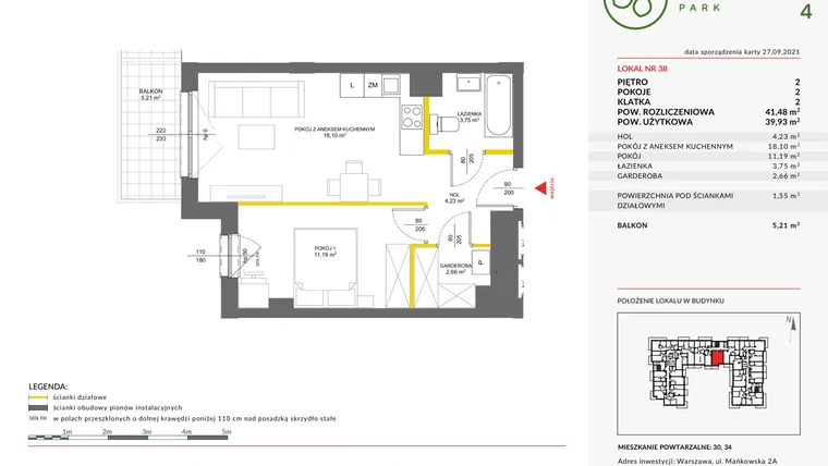Rzut - Mieszkanie na sprzedaż 2 pokoje o powierzchni 41,48 m² - numer IV.38 w Olchowy Park IV