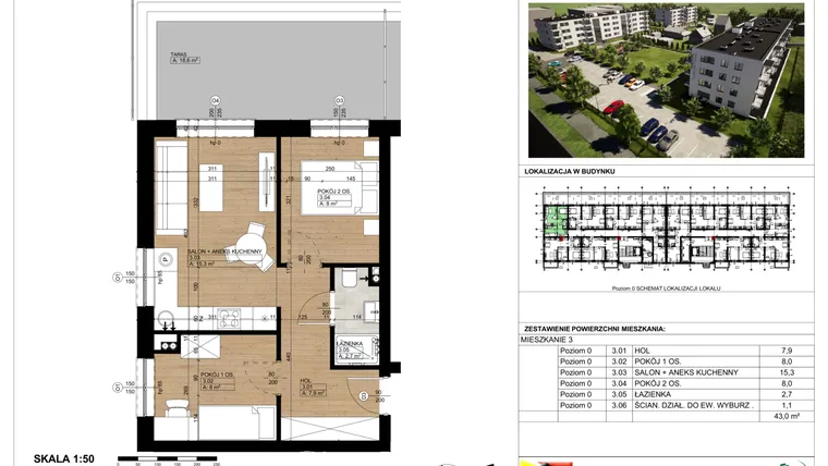 Rzut - Mieszkanie na sprzedaż 3 pokoje o powierzchni 43 m² - numer 3 w Osiedle Park Chopina II Etap