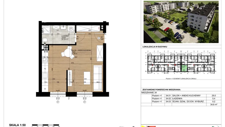 Rzut - Mieszkanie na sprzedaż 1 pokój o powierzchni 34,91 m² - numer 34 w Osiedle Park Chopina II Etap