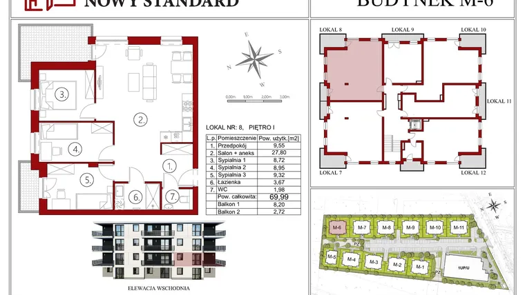 Rzut - Mieszkanie na sprzedaż 4 pokoje o powierzchni 69,99 m² - numer 6.8 w Nowy Standard - etap I