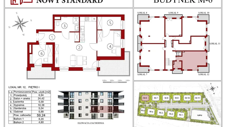 Rzut - Mieszkanie na sprzedaż 4 pokoje o powierzchni 59,24 m² - numer 6.12 w Nowy Standard - etap I