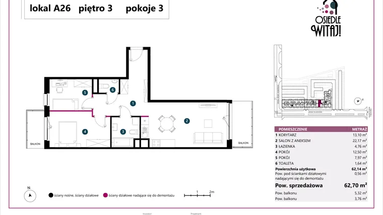 Rzut - Mieszkanie na sprzedaż 3 pokoje o powierzchni 62,7 m² - numer A26 w Osiedle Witaj