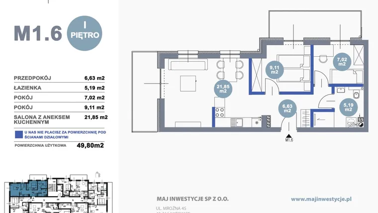 Rzut - Mieszkanie na sprzedaż 3 pokoje o powierzchni 49,8 m² - numer M1.6 w Osiedle Majowe etap III