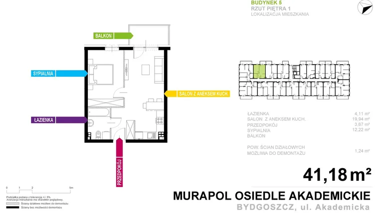 Rzut - Mieszkanie na sprzedaż 2 pokoje o powierzchni 41,18 m² - numer 5.A.1.15 w Murapol Osiedle Akademickie