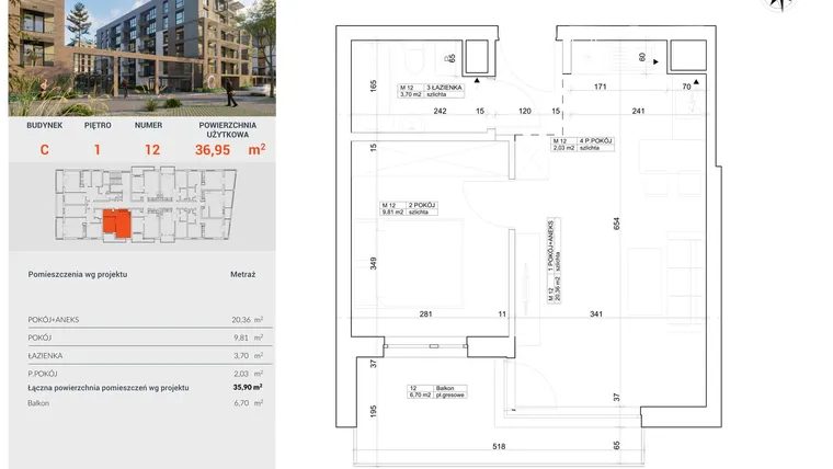 Rzut - Mieszkanie na sprzedaż 2 pokoje o powierzchni 36,95 m² - numer C.12 w Industria etap C i D