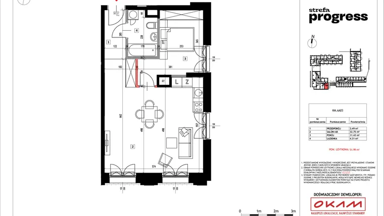 Rzut - Mieszkanie na sprzedaż 2 pokoje o powierzchni 52,38 m² - numer AA.03 w Strefa PROGRESS