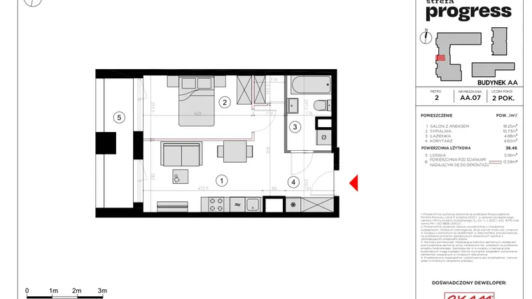 Rzut - Mieszkanie na sprzedaż 2 pokoje o powierzchni 39,19 m² - numer AA.07 w Strefa PROGRESS