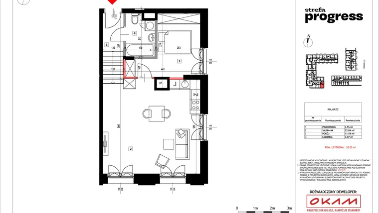 Rzut - Mieszkanie na sprzedaż 2 pokoje o powierzchni 52,21 m² - numer AA.13 w Strefa PROGRESS