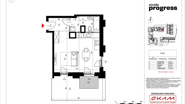 Rzut - Mieszkanie na sprzedaż 1 pokój o powierzchni 35,96 m² - numer B.03 w Strefa PROGRESS