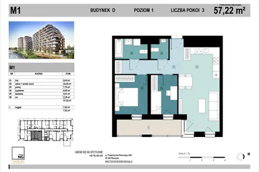 Rzut - Mieszkanie na sprzedaż 3 pokoje o powierzchni 57,26 m² - numer D1 w Panorama Kwiatkowskiego