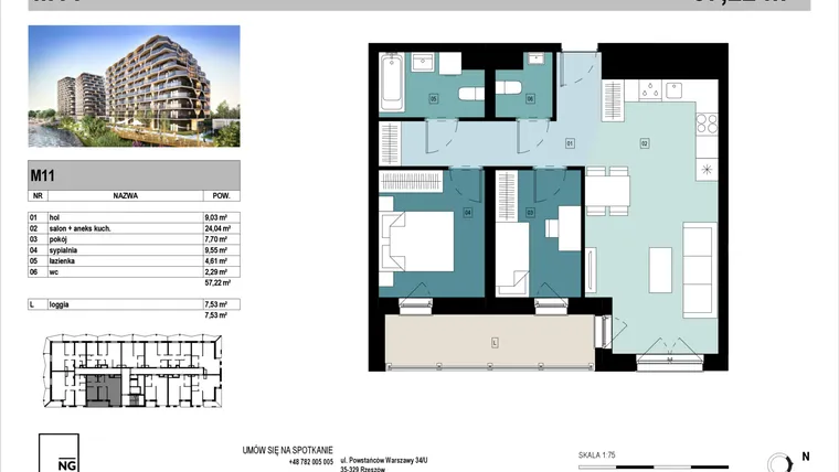 Rzut - Mieszkanie na sprzedaż 3 pokoje o powierzchni 57,35 m² - numer D11 w Panorama Kwiatkowskiego