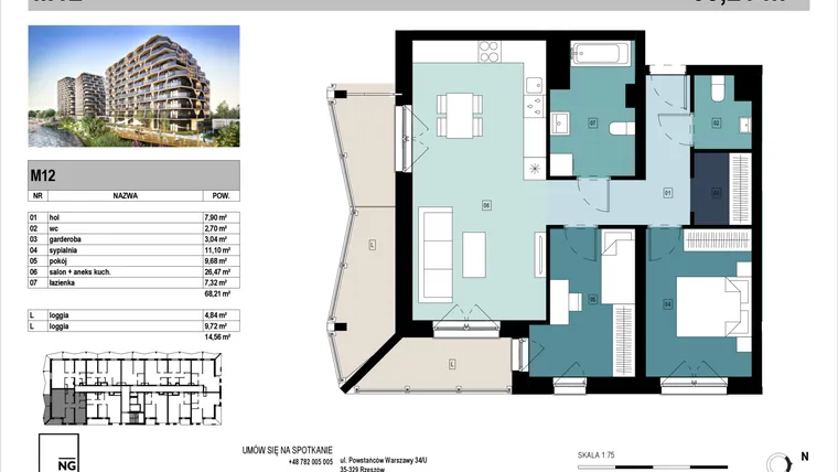 Rzut - Mieszkanie na sprzedaż 3 pokoje o powierzchni 68,45 m² - numer D12 w Panorama Kwiatkowskiego
