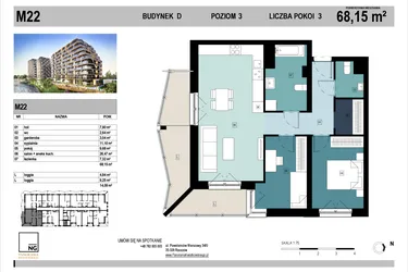 Rzut - Mieszkanie na sprzedaż 3 pokoje o powierzchni 68,28 m² - numer D22 w Panorama Kwiatkowskiego