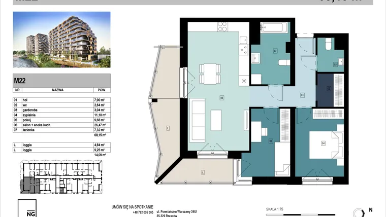 Rzut - Mieszkanie na sprzedaż 3 pokoje o powierzchni 68,28 m² - numer D22 w Panorama Kwiatkowskiego