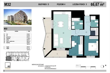 Rzut - Mieszkanie na sprzedaż 3 pokoje o powierzchni 66,89 m² - numer D32 w Panorama Kwiatkowskiego
