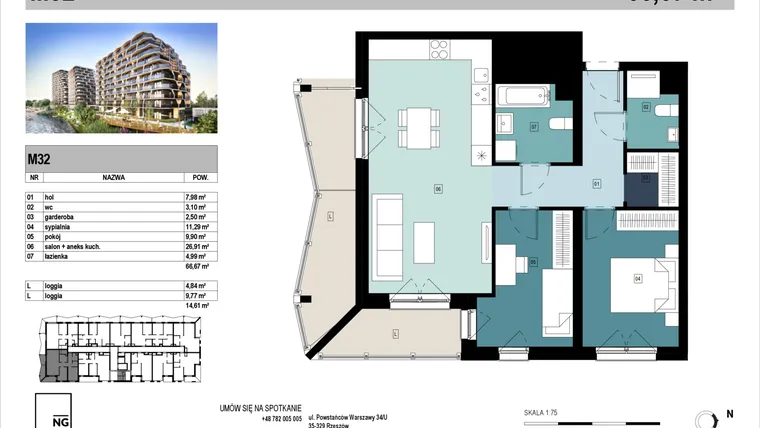Rzut - Mieszkanie na sprzedaż 3 pokoje o powierzchni 66,89 m² - numer D32 w Panorama Kwiatkowskiego