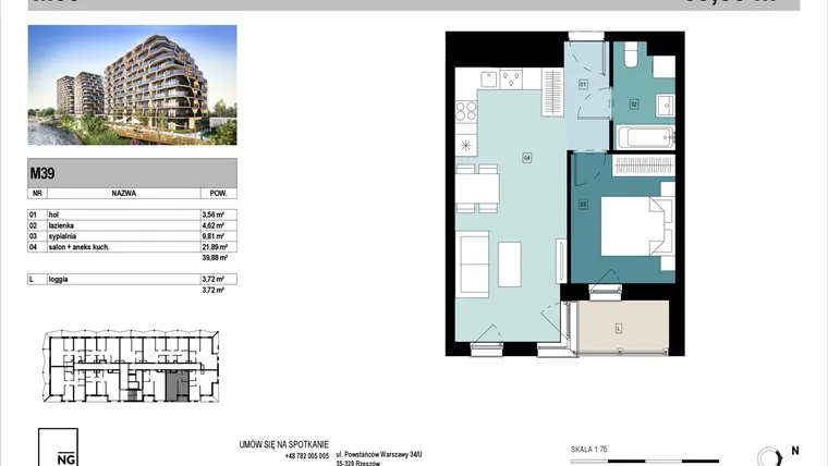Rzut - Mieszkanie na sprzedaż 2 pokoje o powierzchni 39,78 m² - numer D39 w Panorama Kwiatkowskiego