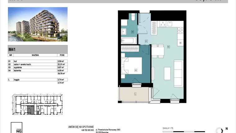 Rzut - Mieszkanie na sprzedaż 2 pokoje o powierzchni 39,84 m² - numer D41 w Panorama Kwiatkowskiego