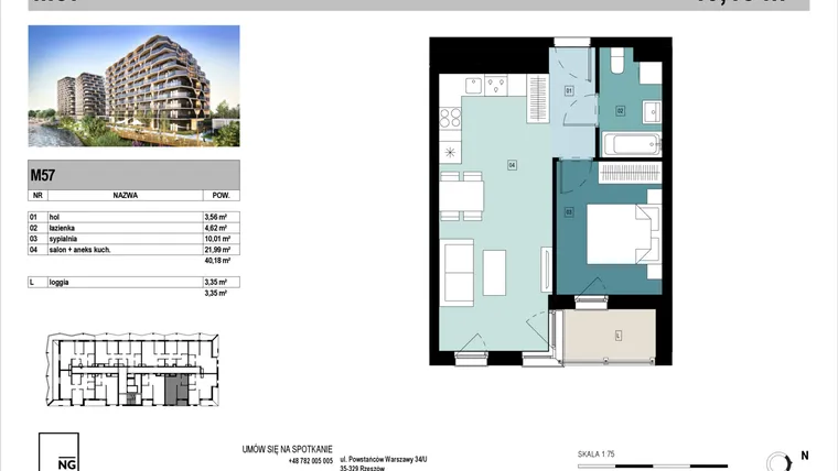 Rzut - Mieszkanie na sprzedaż 2 pokoje o powierzchni 40,13 m² - numer D57 w Panorama Kwiatkowskiego