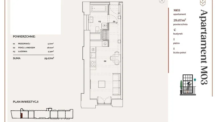 Rzut - Mieszkanie na sprzedaż 1 pokój o powierzchni 29,07 m² - numer C.3 w Młyny Mogilska