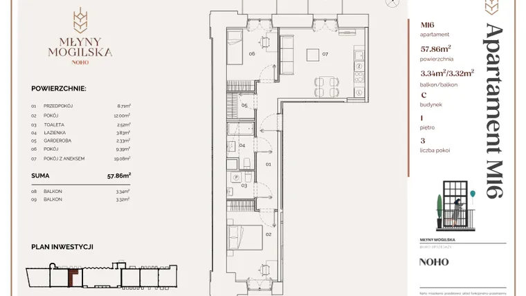 Rzut - Mieszkanie na sprzedaż 3 pokoje o powierzchni 57,86 m² - numer C.16 w Młyny Mogilska