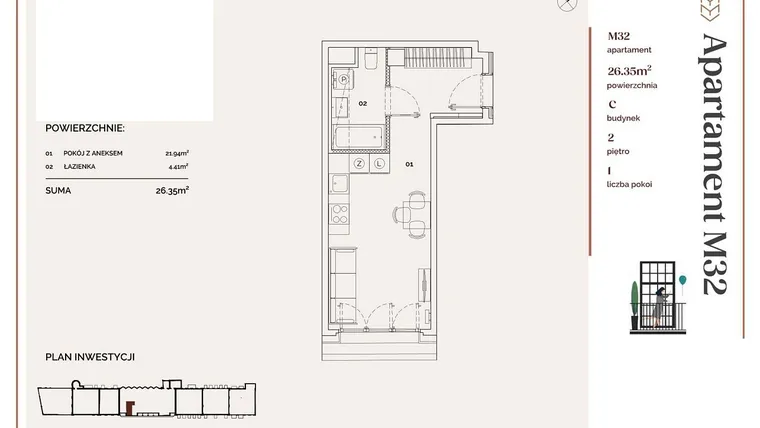 Rzut - Mieszkanie na sprzedaż 1 pokój o powierzchni 26,35 m² - numer C.32 w Młyny Mogilska