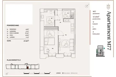 Rzut - Mieszkanie na sprzedaż 2 pokoje o powierzchni 47,45 m² - numer C.77 w Młyny Mogilska
