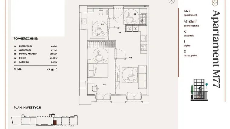 Rzut - Mieszkanie na sprzedaż 2 pokoje o powierzchni 47,45 m² - numer C.77 w Młyny Mogilska