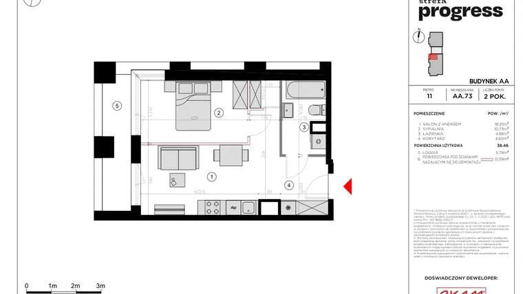 Rzut - Mieszkanie na sprzedaż 2 pokoje o powierzchni 38,3 m² - numer AA.73 w Strefa PROGRESS