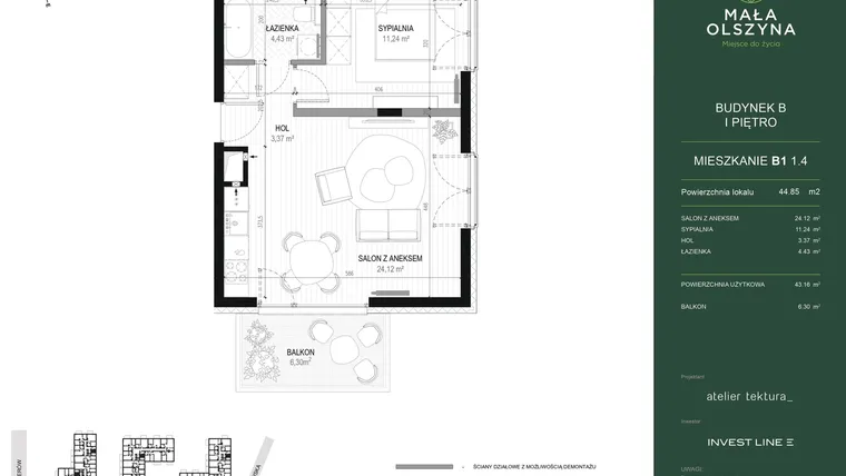 Rzut - Mieszkanie na sprzedaż 2 pokoje o powierzchni 44,85 m² - numer B1 1.4 w Mała Olszyna