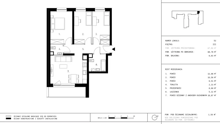 Rzut - Mieszkanie na sprzedaż 4 pokoje o powierzchni 68,78 m² - numer 3.A7 w Staszica 3