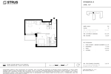 Rzut - Mieszkanie na sprzedaż 2 pokoje o powierzchni 44,91 m² - numer 2.A17 w Staszica 3